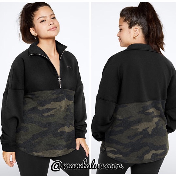 PINK Victoria's Secret Tops - 💗VS PINK CAMO BLACK VARSITY HALF ZIP CREW